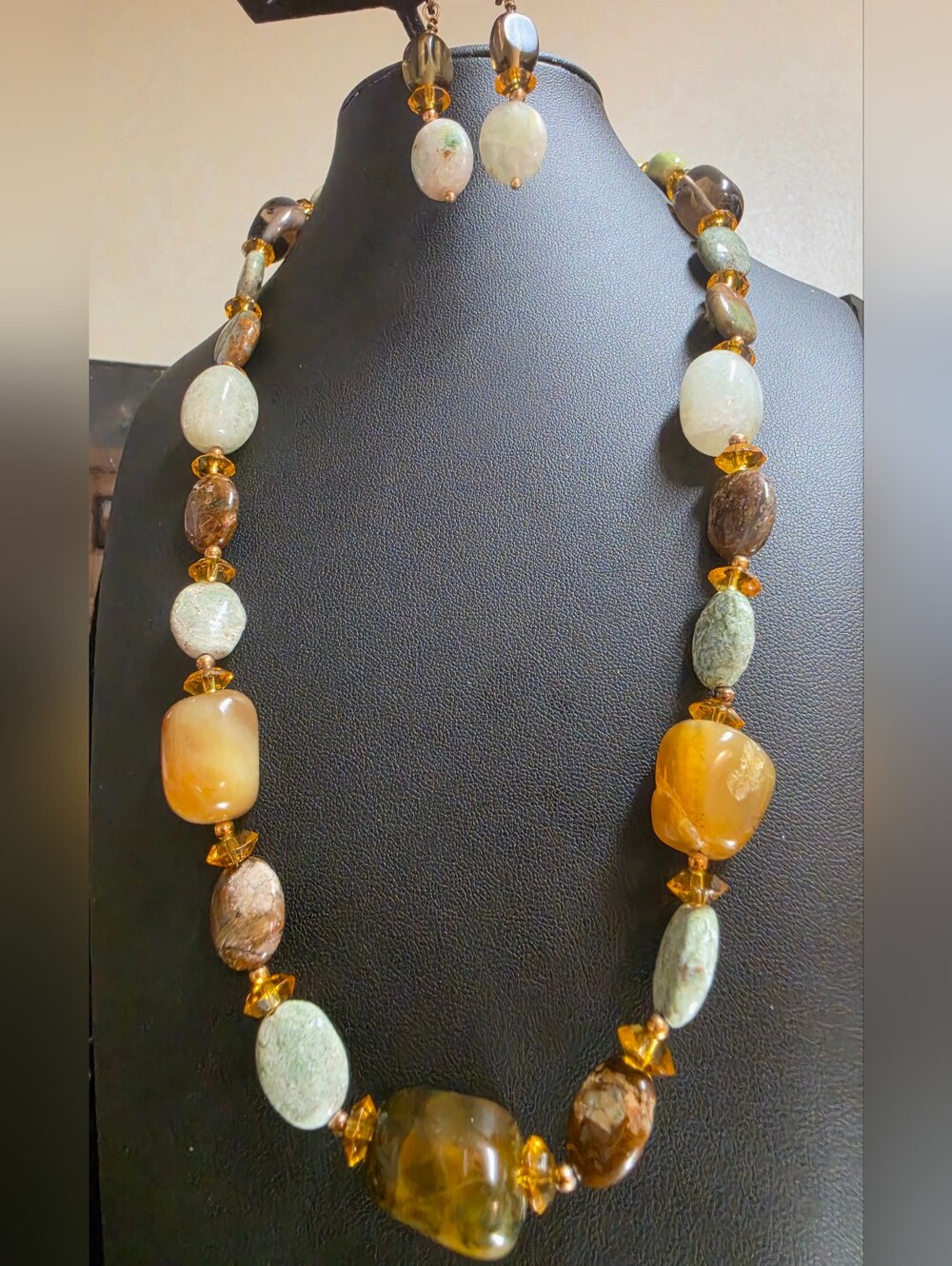 Artisan Jasper Agate And Serpentine Stone Necklace and Clip On Earring Set